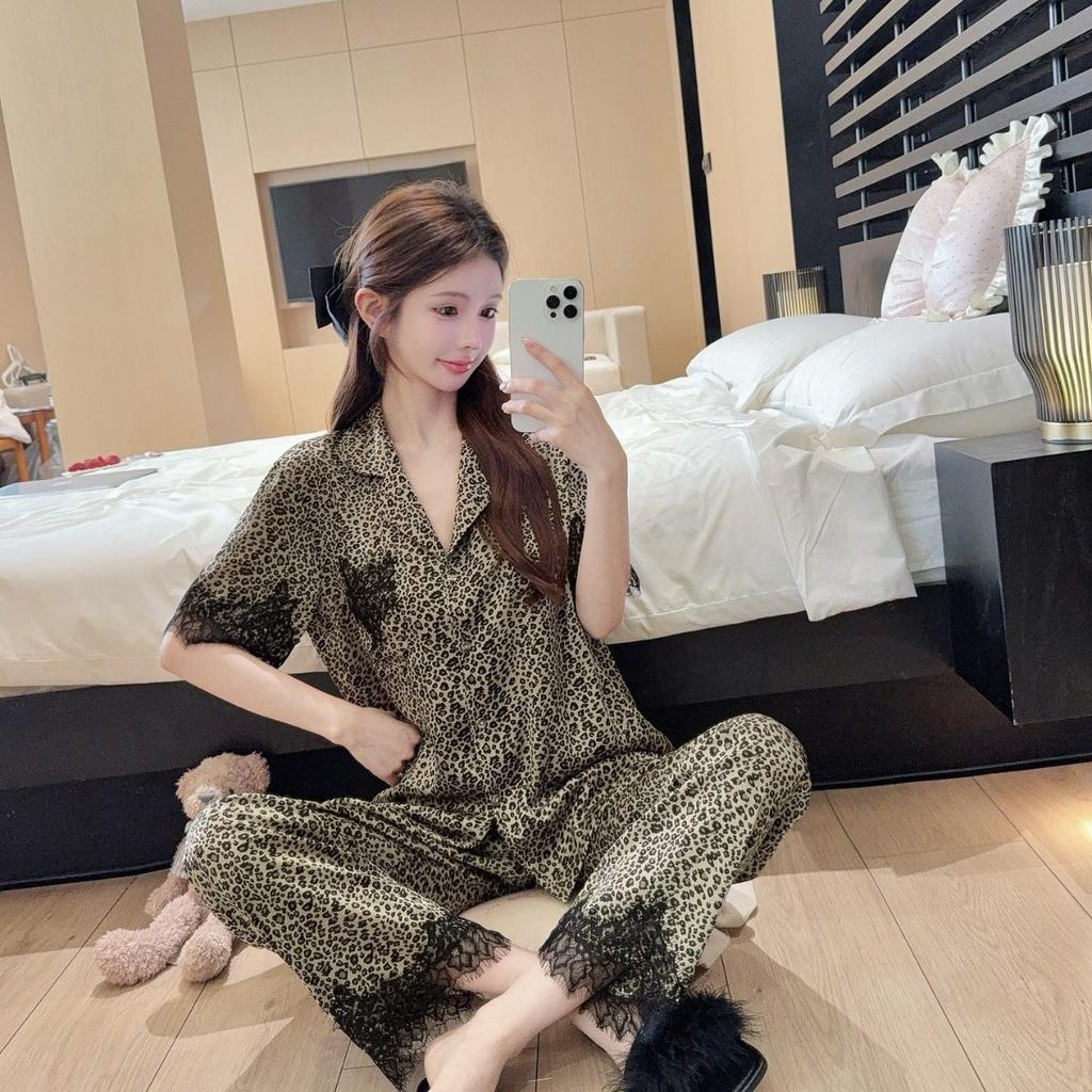 Summer ice silk pajamas women's short-sleeved trousers leopard print lace high-end fashion light luxury loungewear suit can be worn outside