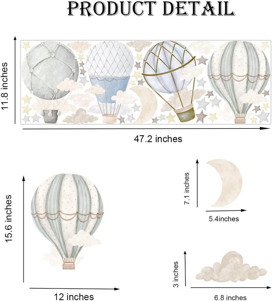 Watercolor Air Balloon Wall Decals Stars Clouds Vinyl Stickers Peel Stick Art For Nursery Bedroom Toddler Room