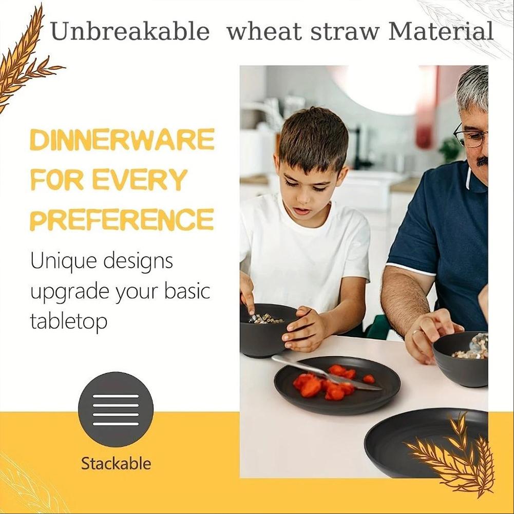 16Pcs Portable Cutlery Set Reusable Wheat Straw Dinnerware Suit Multi-Purpose Lightweight Dish Cup Bowl Set for Travel BBQ Use
