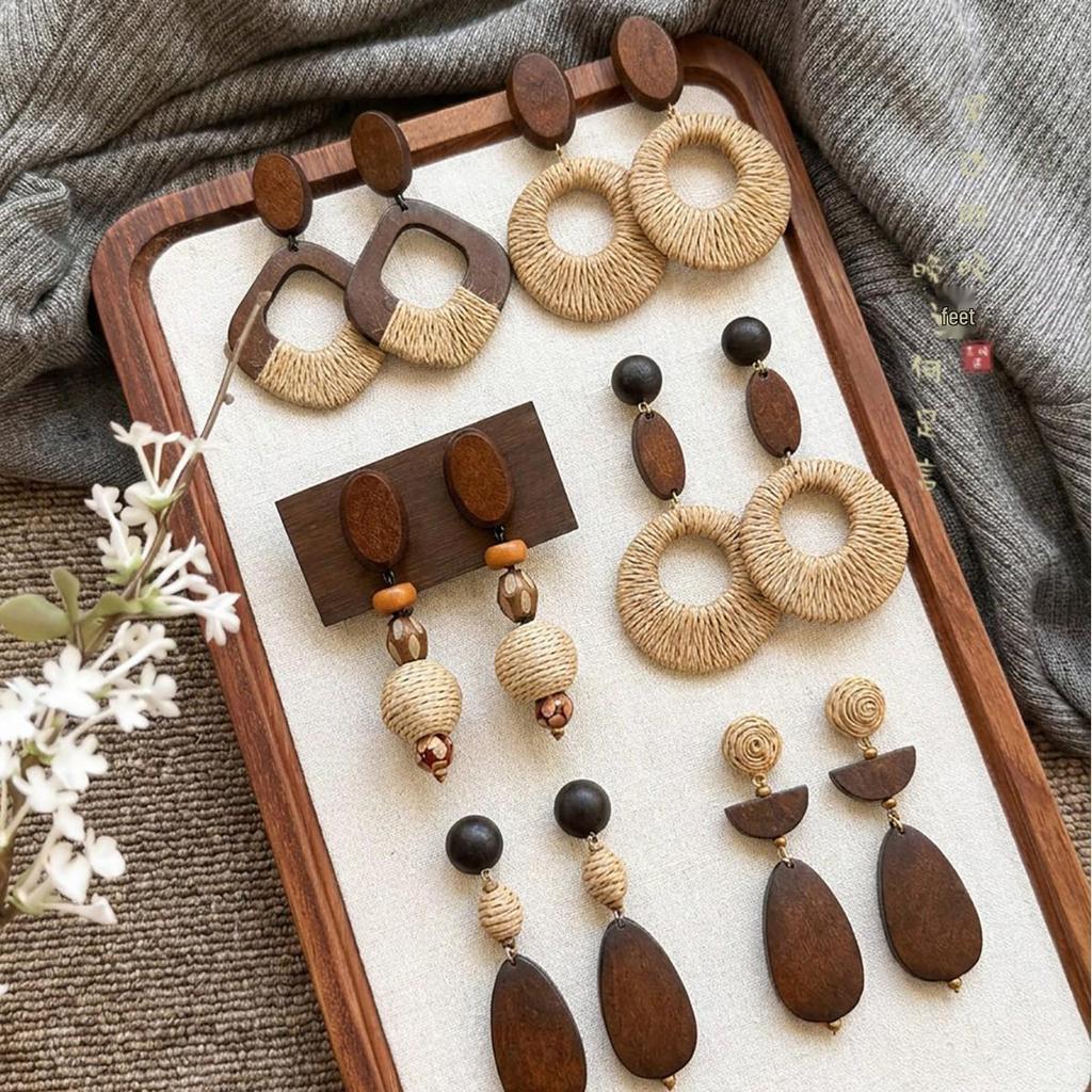 Forest Grass & Trees Wooden Woven Earrings: Ethnic Retro Hollow-Out Ear Jewelry for Women