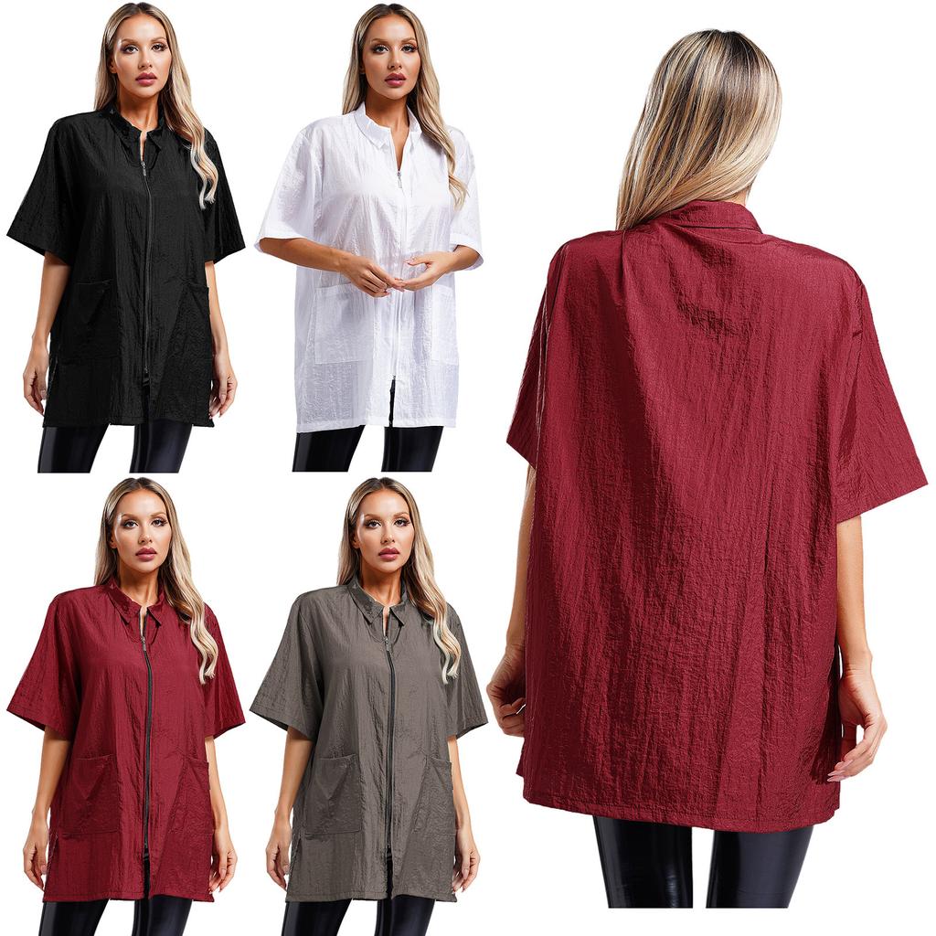 Mens Waterproof Barber Smock Jacket Turn Down Collar Short Sleeve Pockets Breathable Salon Apron