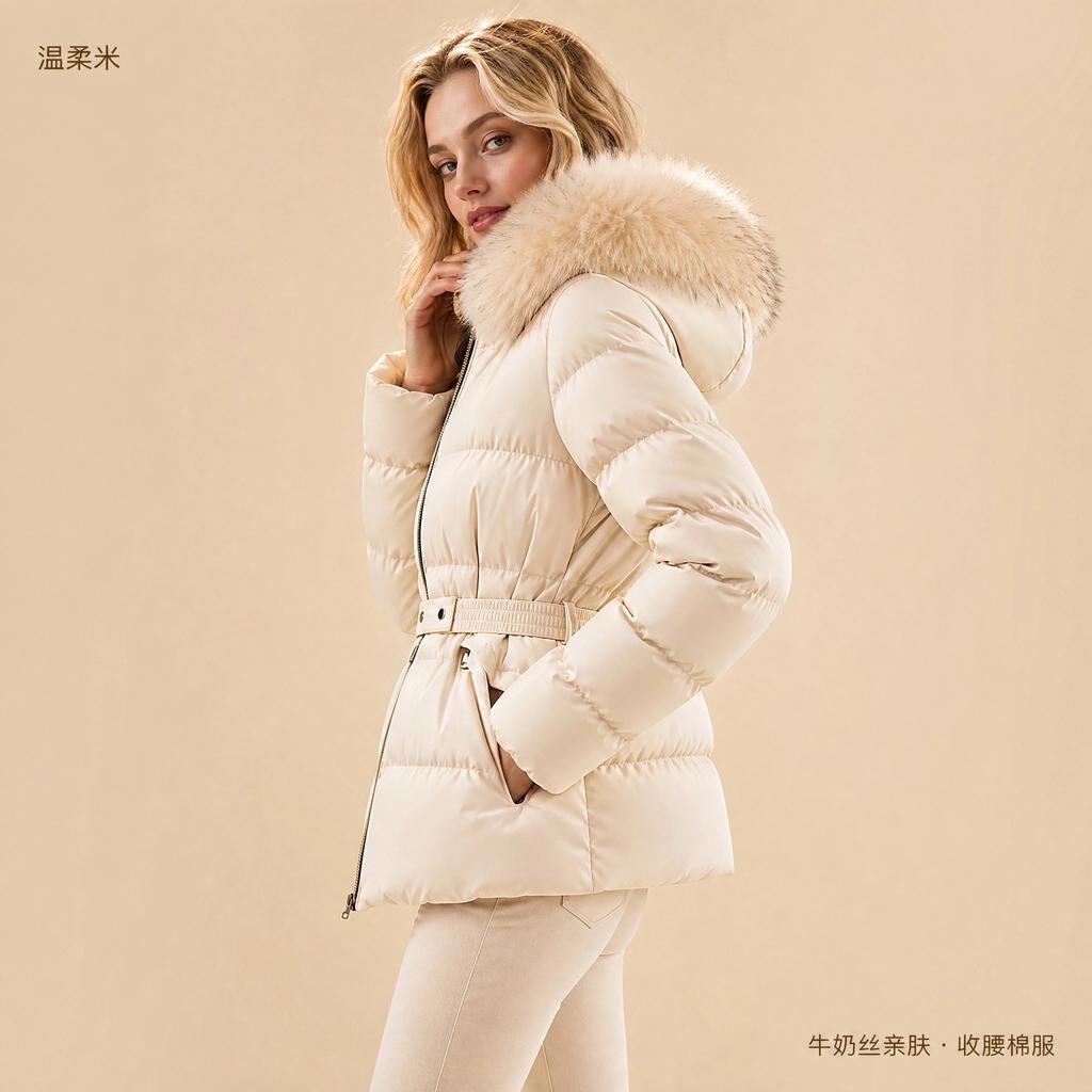 New waist hooded big fur neck cotton-padded clothes female slim and thin short cotton clothes belt jacket black pink blue thick