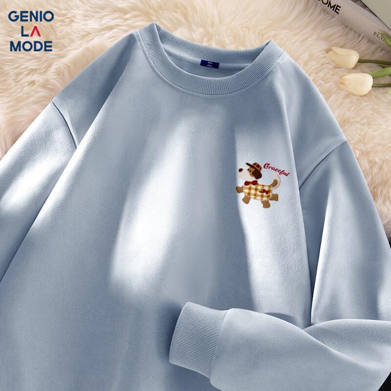 GENIOLAMODE Men s Suede Round Neck Cartoon Dog Print Sweatshirt L