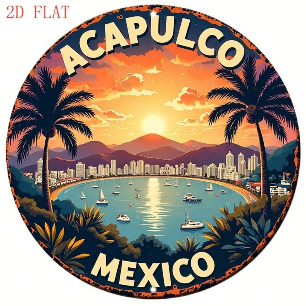 8 Inch Acapulco Sunset Metal Sign Mexican Round Tin Plaque Wall Decor Bar Garden Home Gift