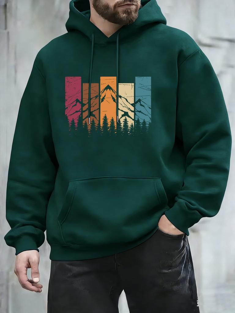 Soft fleece hoodie sweatshirt with colorful retro wilderness artwork for men daily wear and casual short‑trip outings