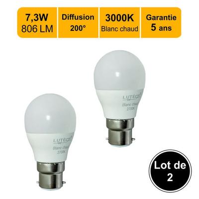 Lot of 2 B22 LED Bulbs 7.3W 806Lm 3000K - 5-year Warranty