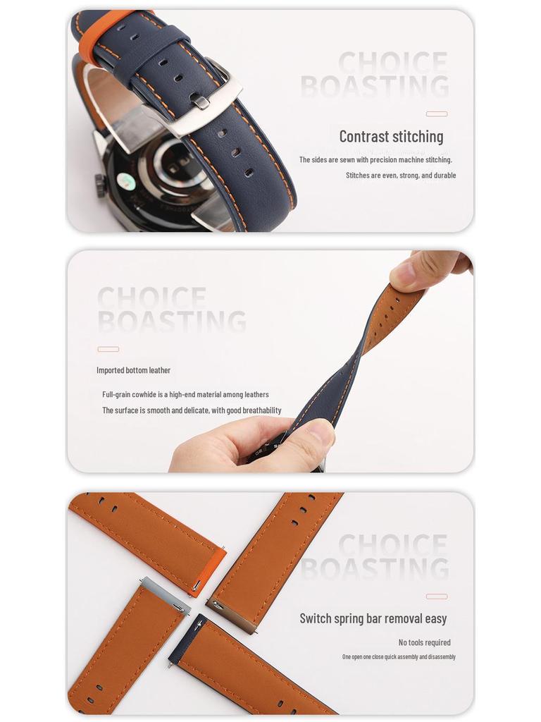 Kompatibilní kožený řemínek pro Huawei GT5, Xiaomi S4, hodinky Samsung - barevně sladěná kolíčková spona, oboustranná pravá kůže, lícová vrstva.