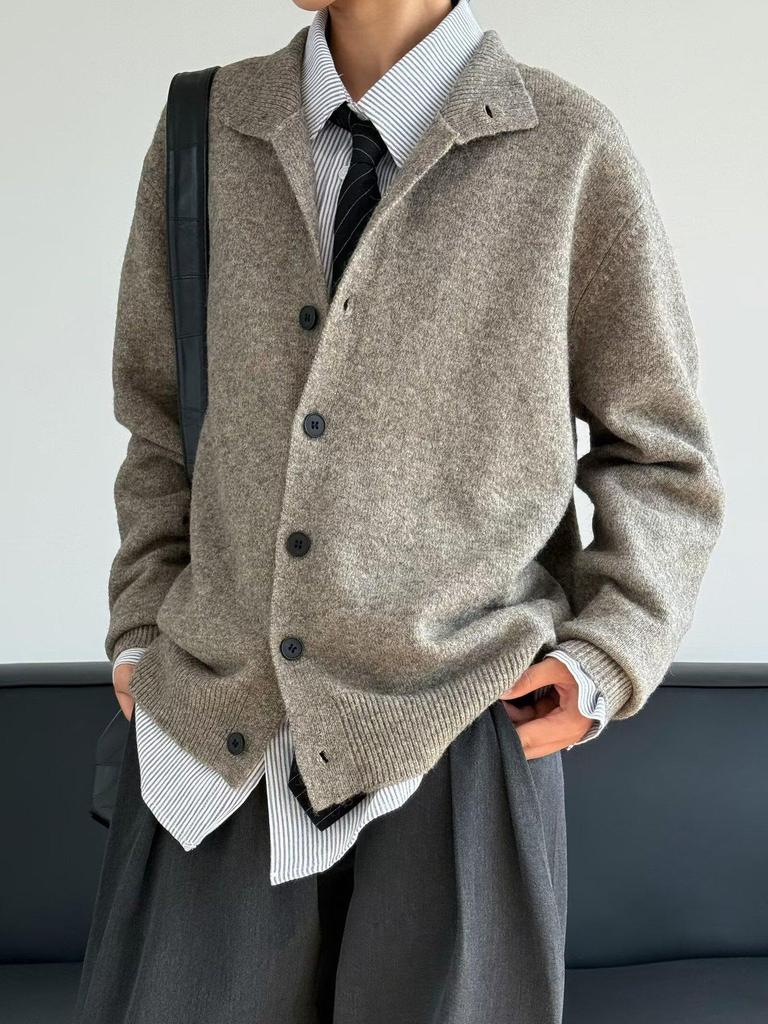 Pánský japonský retro pletený kardigan se stojáčkem – Jednoduchý, univerzální, ležérní svetr v jednobarevném provedení