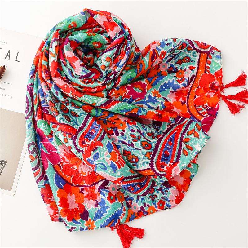 Ladies Fashion Autumn Aztec Paisley Floral Tassel Viscose Scarf High Quality Print Shawls and Wraps Thick Muslim Hijab 180*90Cm