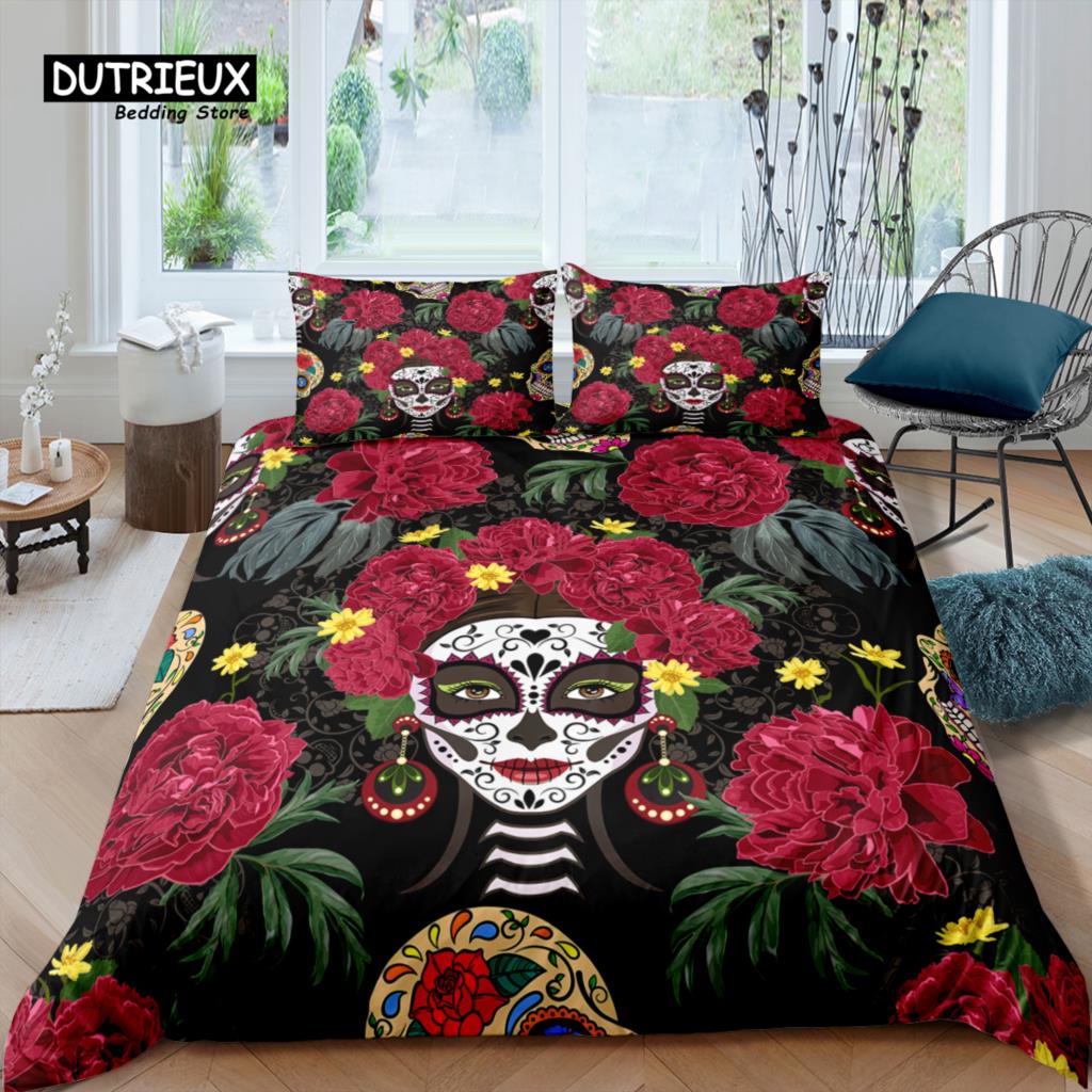 Home Living Luxury 3D Skull Girl Bedding Set Flower Duvet Cover Pillowcase Queen And King Eu/Us/Au/Uk Size Comforter Bedding