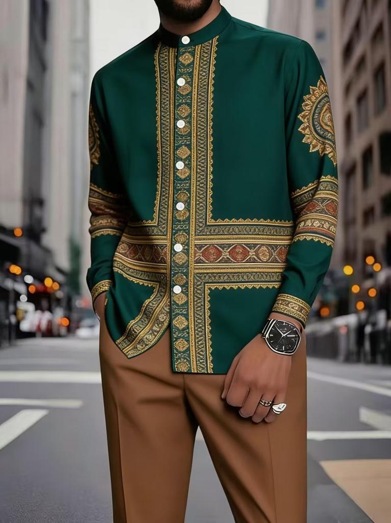 1116 Spring and Autumn Men's Men's Suit 1D Printed African Ethnic Style Stand-Up Neck Long Sleeve Pants Shirt Hugh