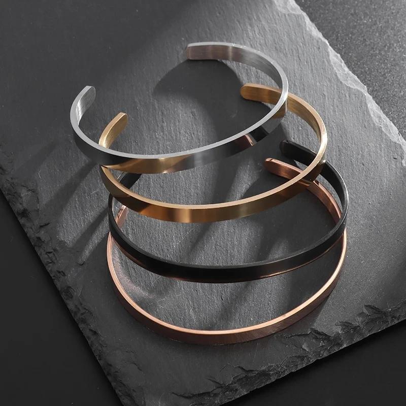 High Quality Titanium Steel Polished C Shape 6mm Open Bracelet Men's Fashion Punk Casual Cuff Bangles Couple Jewelry