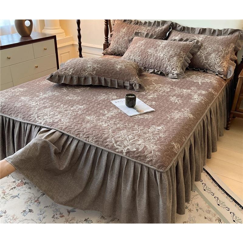 A Class Vintage Quilted Bed Skirt Washable Cotton Printed Bedspread 3 Piece Set Home Bedding Protector