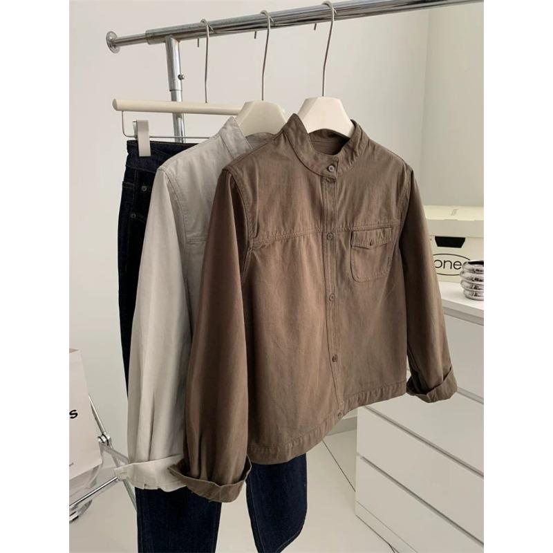 

Ретро Рабочая Куртка С Воротником-стойкой для Женщин Свободный Повседневный Кардиган Весна Осень Короткое Пальто для Невысоких L коричневый