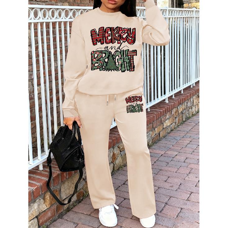 Women's Crewneck Sweatshirt & Drawstring Straight-Leg Pants 2-Piece Set, Printed Autumn/Winter Loungewear Set