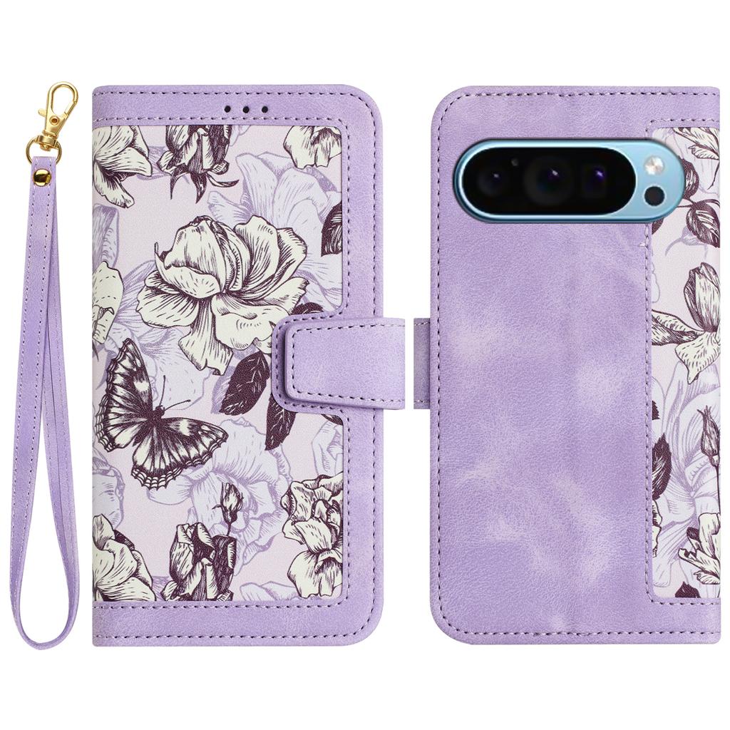 For Google Pixel 9/Pixel 9 Pro Phone Cover Flower Pattern PU Leather Case with Card Holder and Stand
