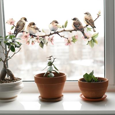 Autocolant decorativ din PVC cu flori de păsări decor pentru fereastră statică, artă din vinil, flori de primăvară, autocolant de perete din sticlă pentru decorarea băii de acasă