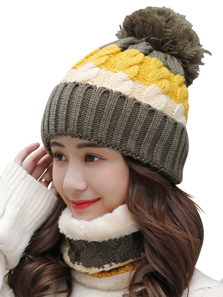 

Вязаная шапка и манишка, толстые с флисом, идеально подходят для осени и зимы Ressh.N Женский комплект из 2 предметов, подкладка, (Хаки/Желтый)