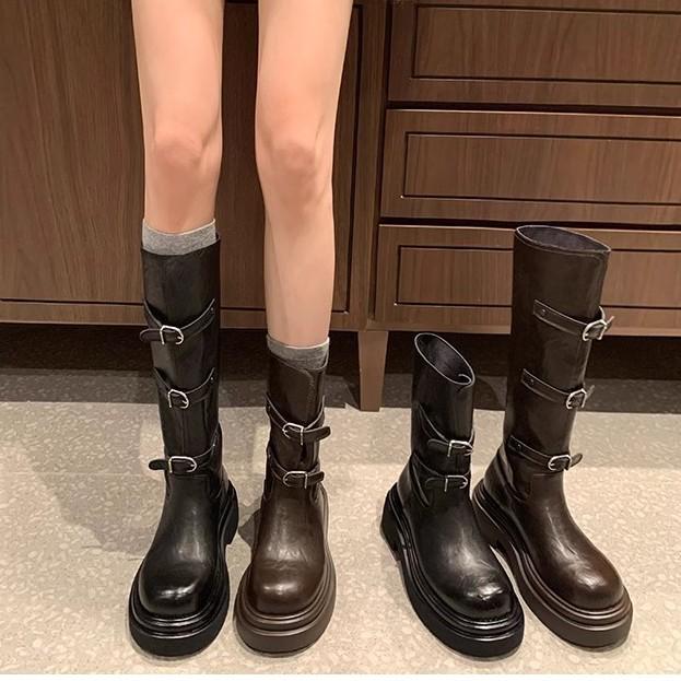 

Grape Mom Belt Buckle Round Toe Ankle Boots - Autumn/Winter Versatile Rider Boots 40