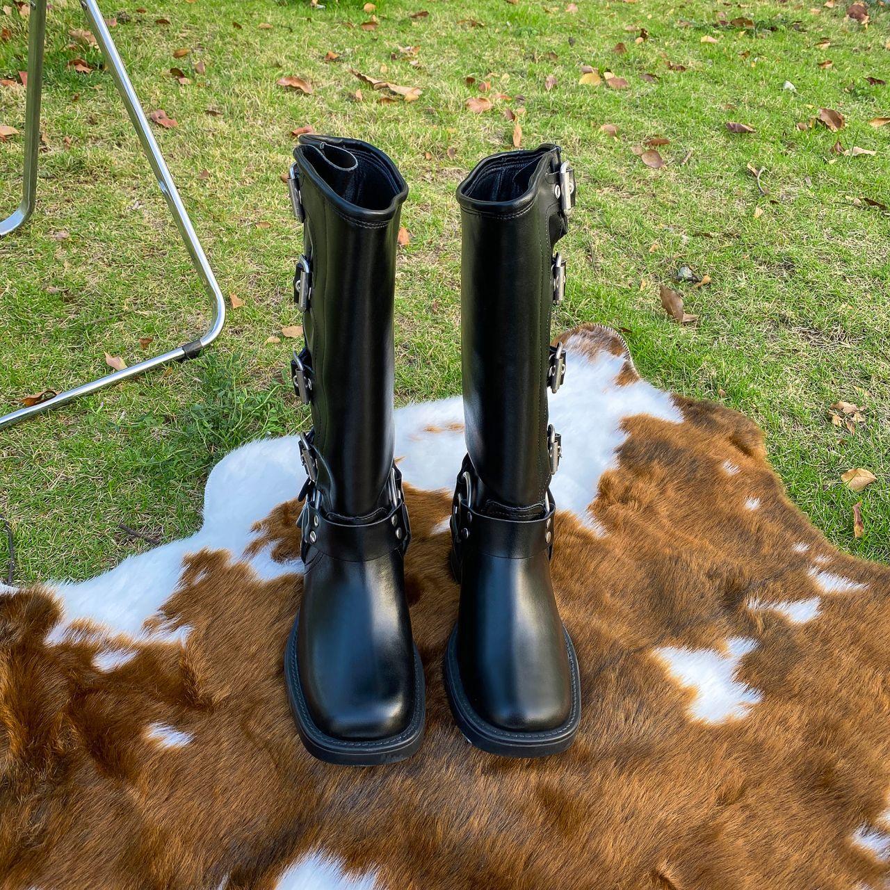 

Пряжка на ремне, толстый каблук, рыцарские ботинки, женские осенне-зимние ретро ботфорты, ковбойские сапоги в западном стиле, коричневые модные ботинки 40 чёрный