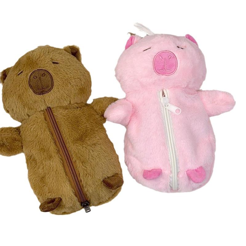 1Pc Cartoon Animal Pen Bag Multifunction Plush Capybara Pencil Case Pen Storage Bag Large Capacity Stationery Pouch