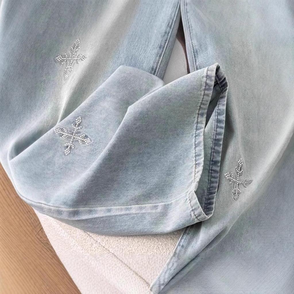2025 Autumn High-End High Waist Slimming Denim Jeans – Women's Fashion Narrow Straight Leg Pants with Hot Drill Details