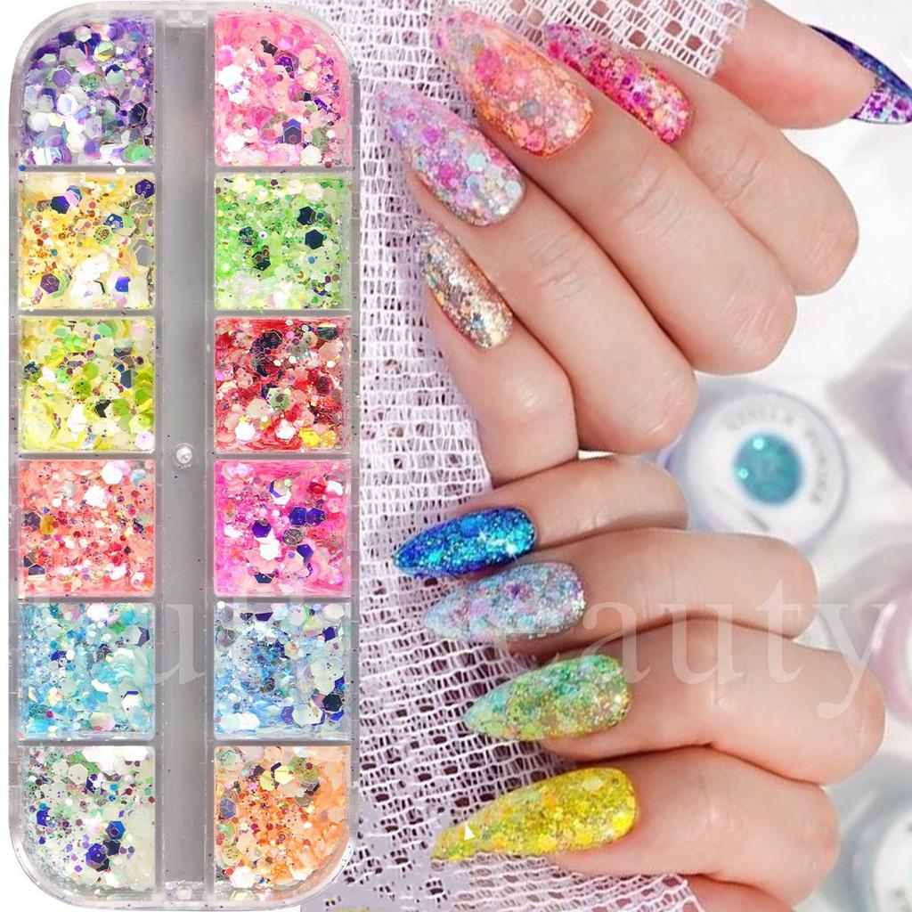 New manicure sequins 12-grid luminous ultra-thin 6-angle shallot luminous glitter sequins