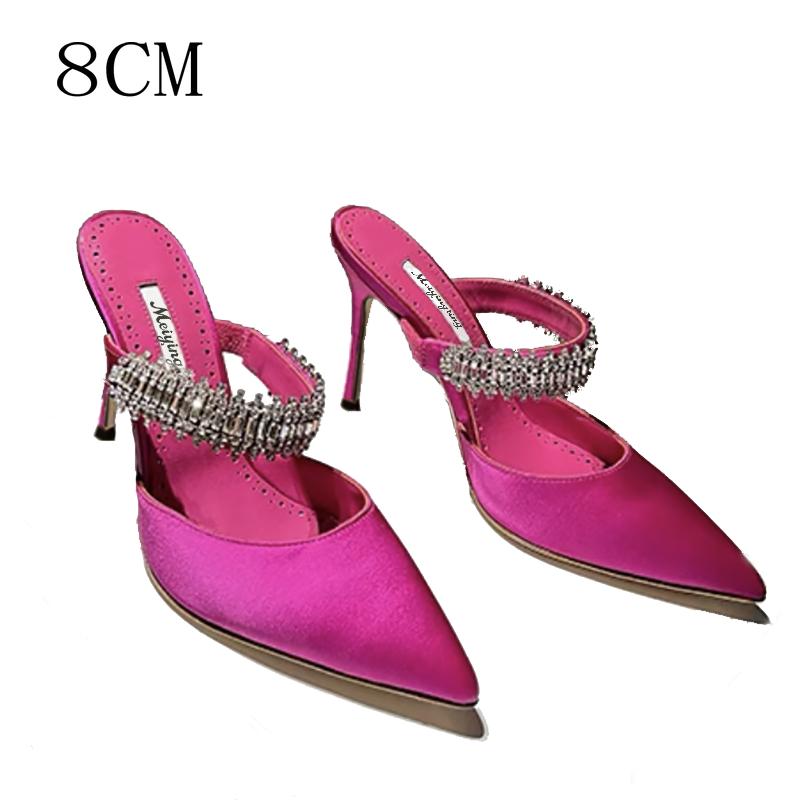 Pointy Pinheel Rhine-Diamond Chain Satin Top High Heels Mullers Pinheel Green Wedding Shoes Flat Bridesmaid Shoes