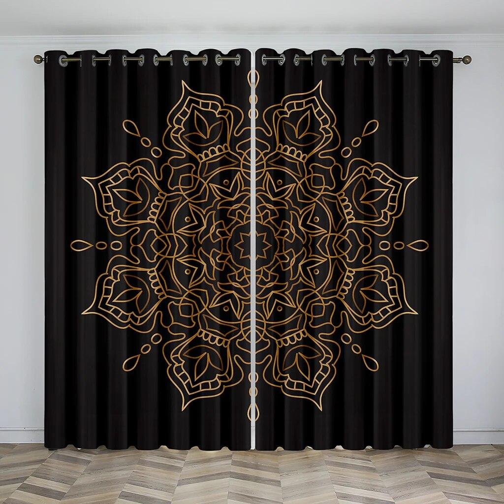 3D Tisk Černý a Zlatý Mandala Závěs 2 Kusy Doprava Zdarma Tenké Závěsy Pokoj Boho Luxusní Značka Dekor Ložnice Obývací Pokoj