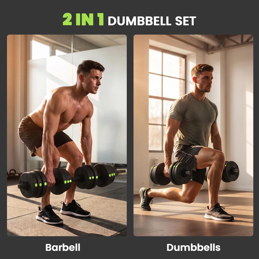 Adjustable Weight Barbell & Dumbbells Set Free Weights Strength Muscle Exercise Home Gym Training, Black and Green