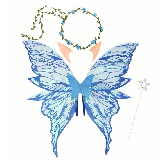 Fairy Wings for Adults And Girls Butterfly Fairy Costume Set with Floral Garland Wand Elf Ears Gradient Organza Butterfly Wings