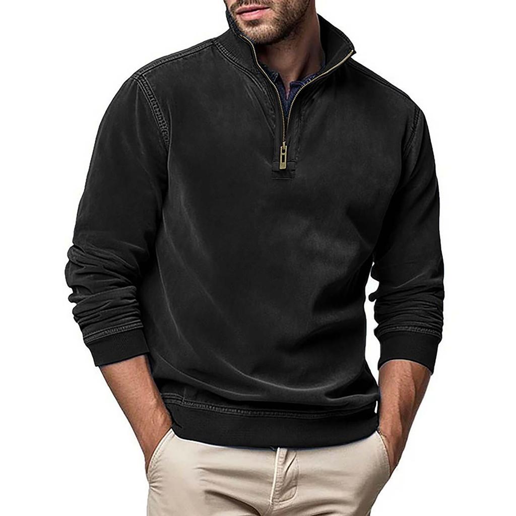 Men's Long Sleeved Zipper Stand Up Collar Sweatshirt Men's Collar Imitation Leather Thread Pullover Top