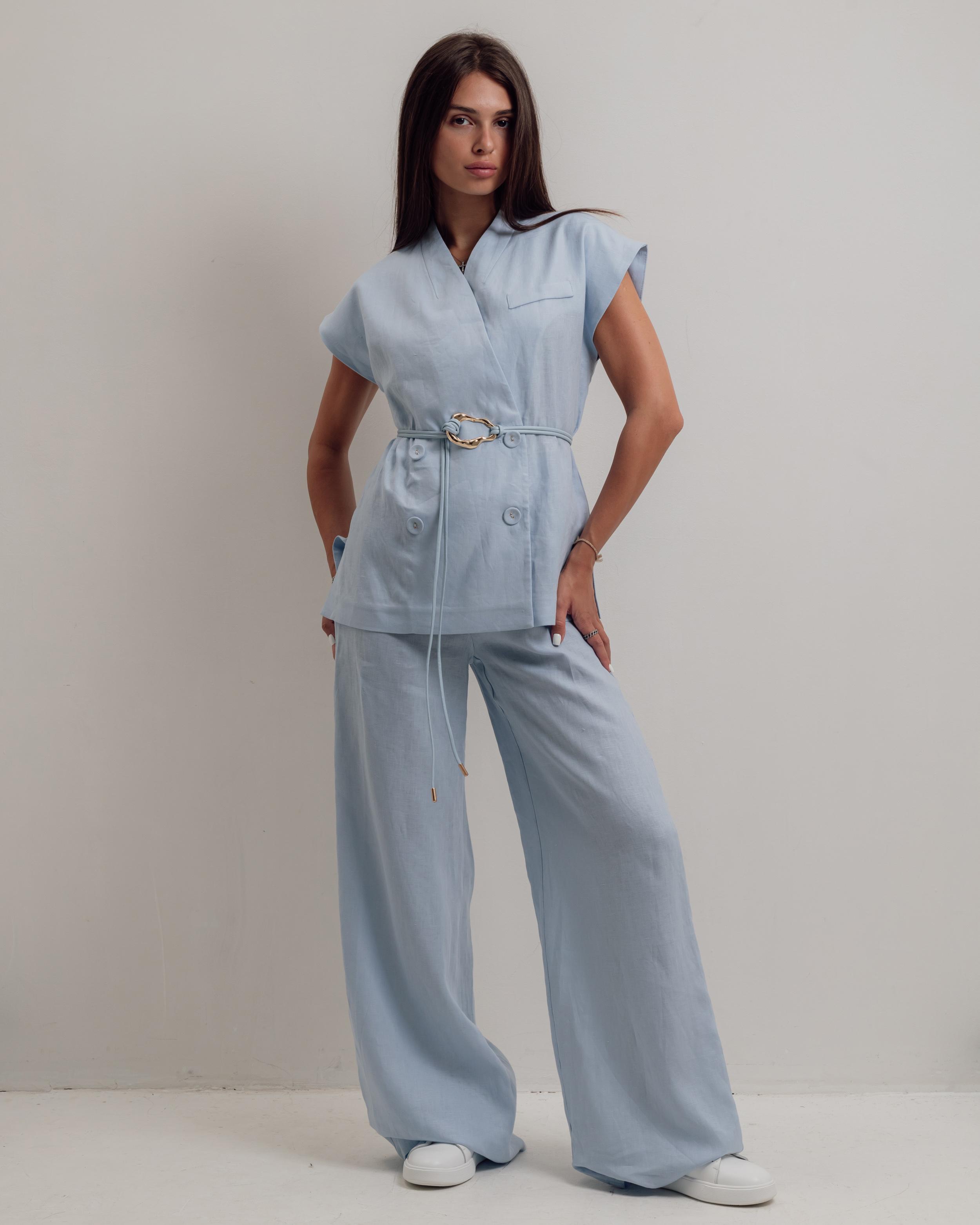 

Костюм жіночий літній Esta Line 7738 38 блакитний льон (жилет, штани) 36 світло-синій колір