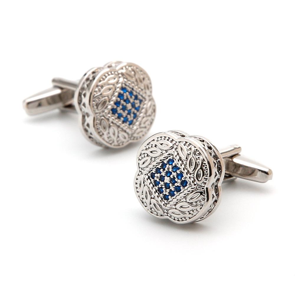 Men'S Cufflinks, High Quality Light Luxury Inlaid With Blue Zircon Square Silver Sleeve Stud Buttons Xk21S009