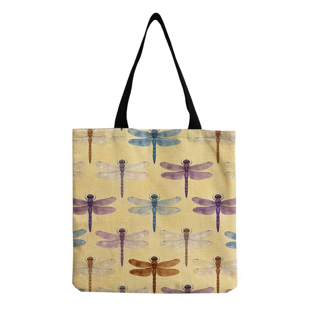 Women Vintage Linen Tote Bag - Large Capacity Dragonfly Print Shoulder Handbag for Casual & Grocery Shopping KTB