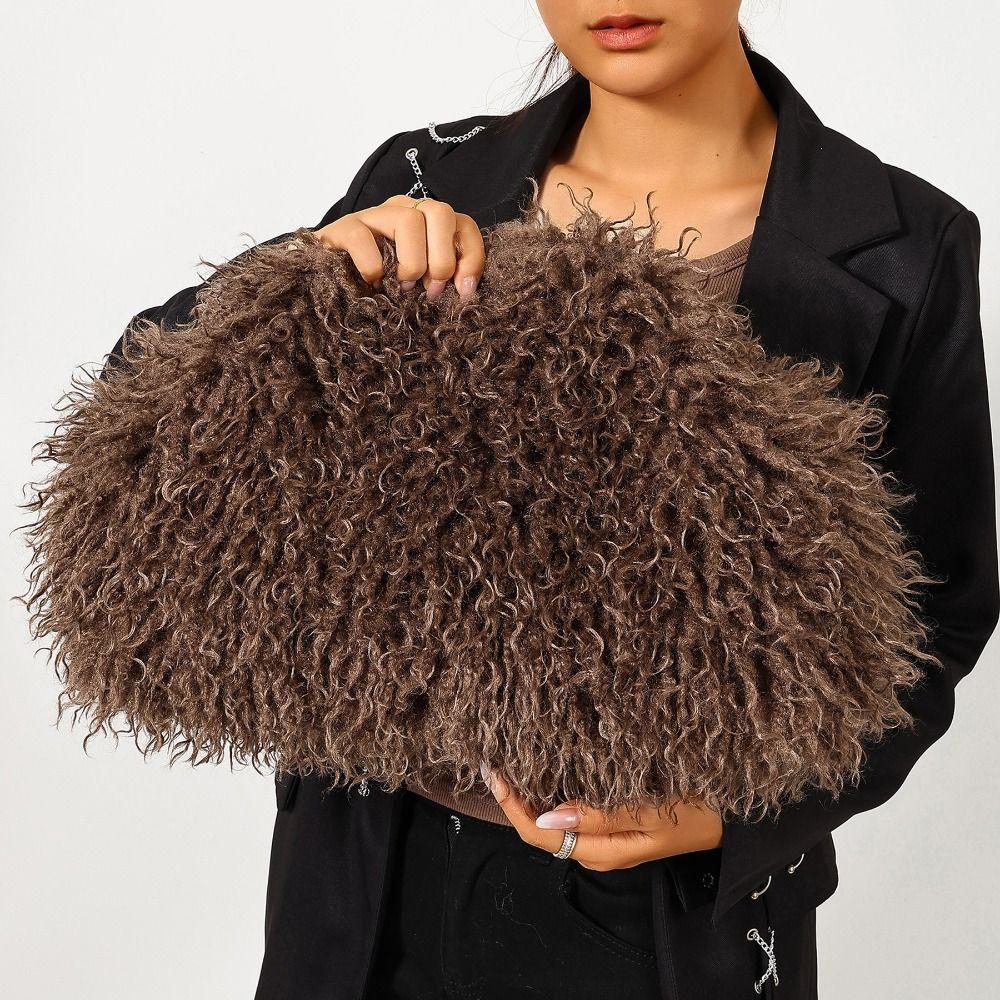 Portable Kiss Lock Clutch Bag Spicy Girl Fluffy Bag Retro Evening Bag Mobile Phone Bag