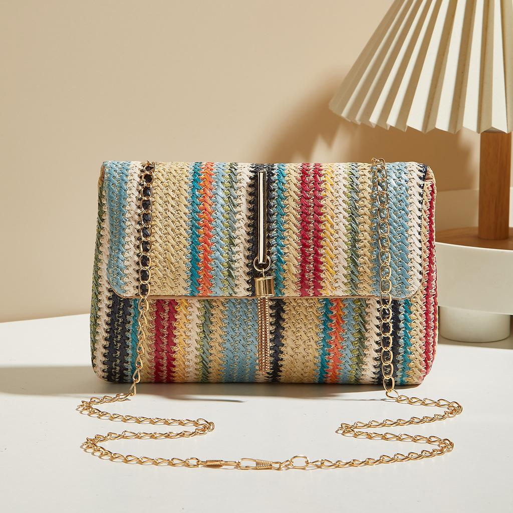 Color Striped Woven Hanging Bell Decoration Small Square Bag Women's New Chain Single Shoulder Crossbody Armpit