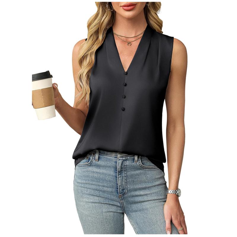 Women's Blouses Summer Elegant Temperament Satin Work Tank Shirts Casual Button V-Neck Sleeveless Vest Black Tops