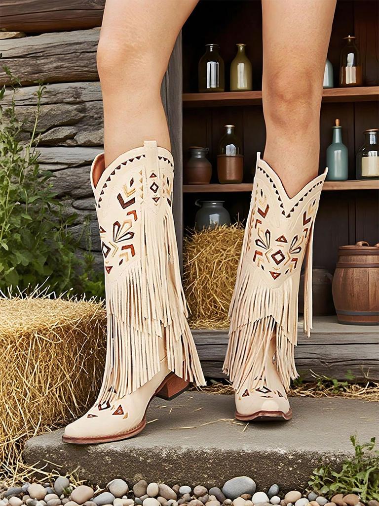 Bestickte Damen Mid-Calf Quasten Westernstiefel Spitzzehe Klobige Absätze Bequem Fransen Retro Vintage Stiefeletten Schuhe