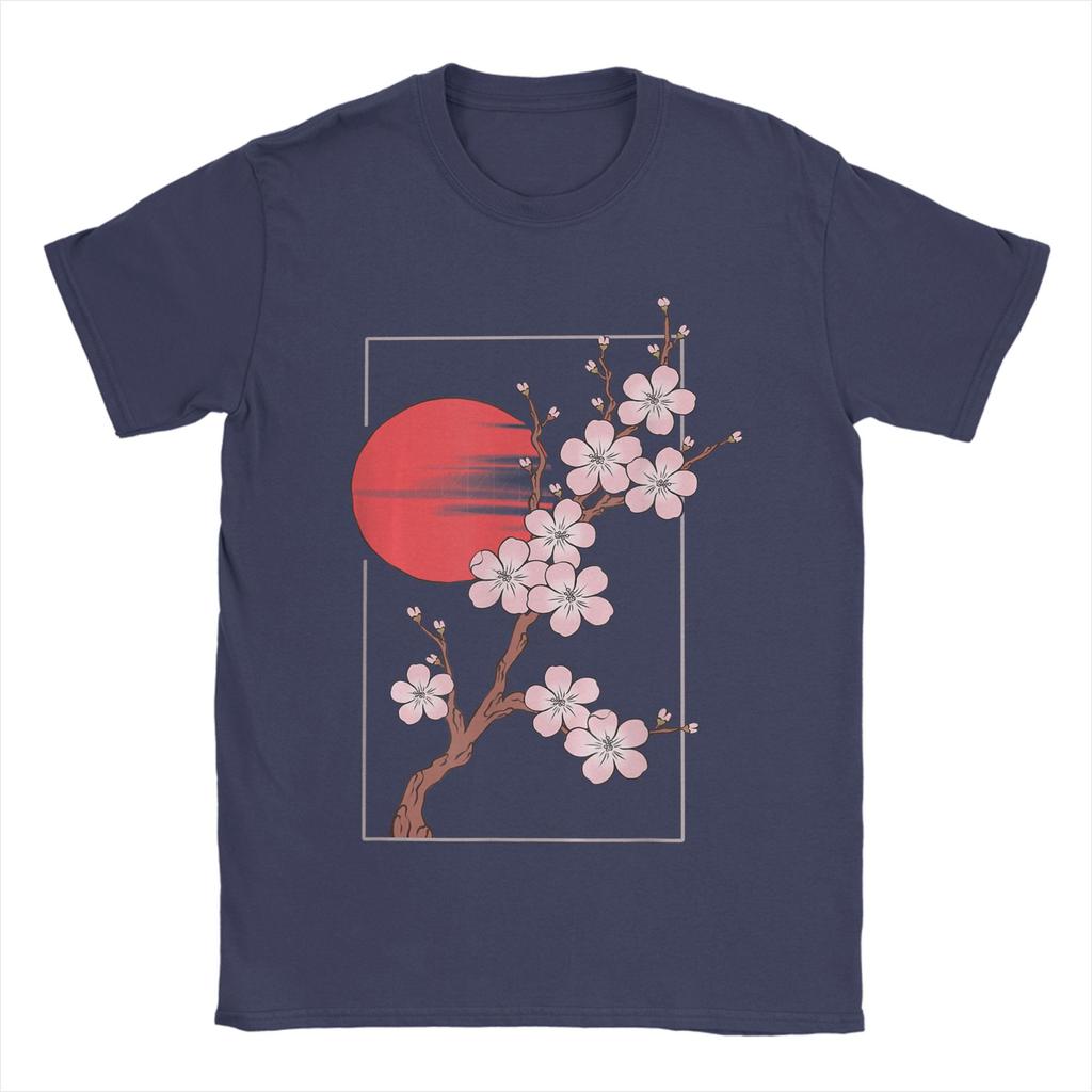 Neuheit Japanische Kirschblüten Grafik mit Sonne T-Shirt Unisex Rundhals Reines Baumwoll-T-Shirts Kurzarm T-Shirt Oberteile