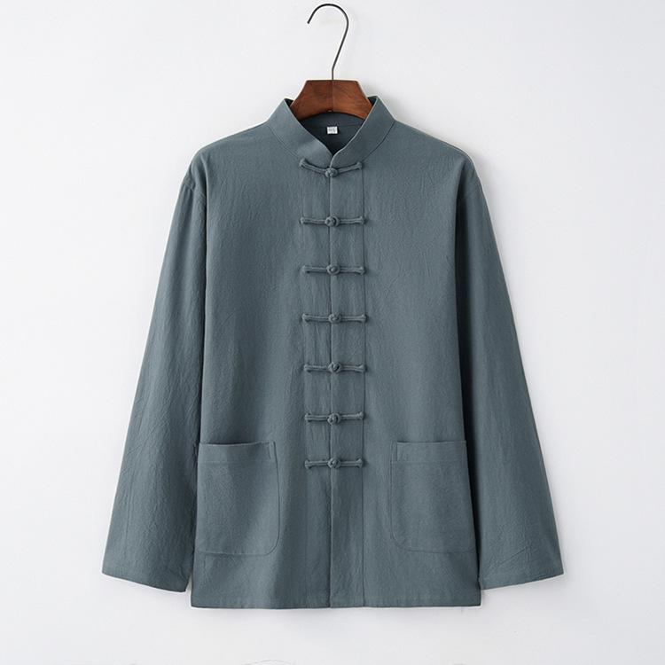 Men’s Chinese Cotton Linen Tang Suit Long Sleeve Frog Button Kung Fu Shirt - Hanfu Zen Meditation Top for Middle-Aged & Elderly (Spring)