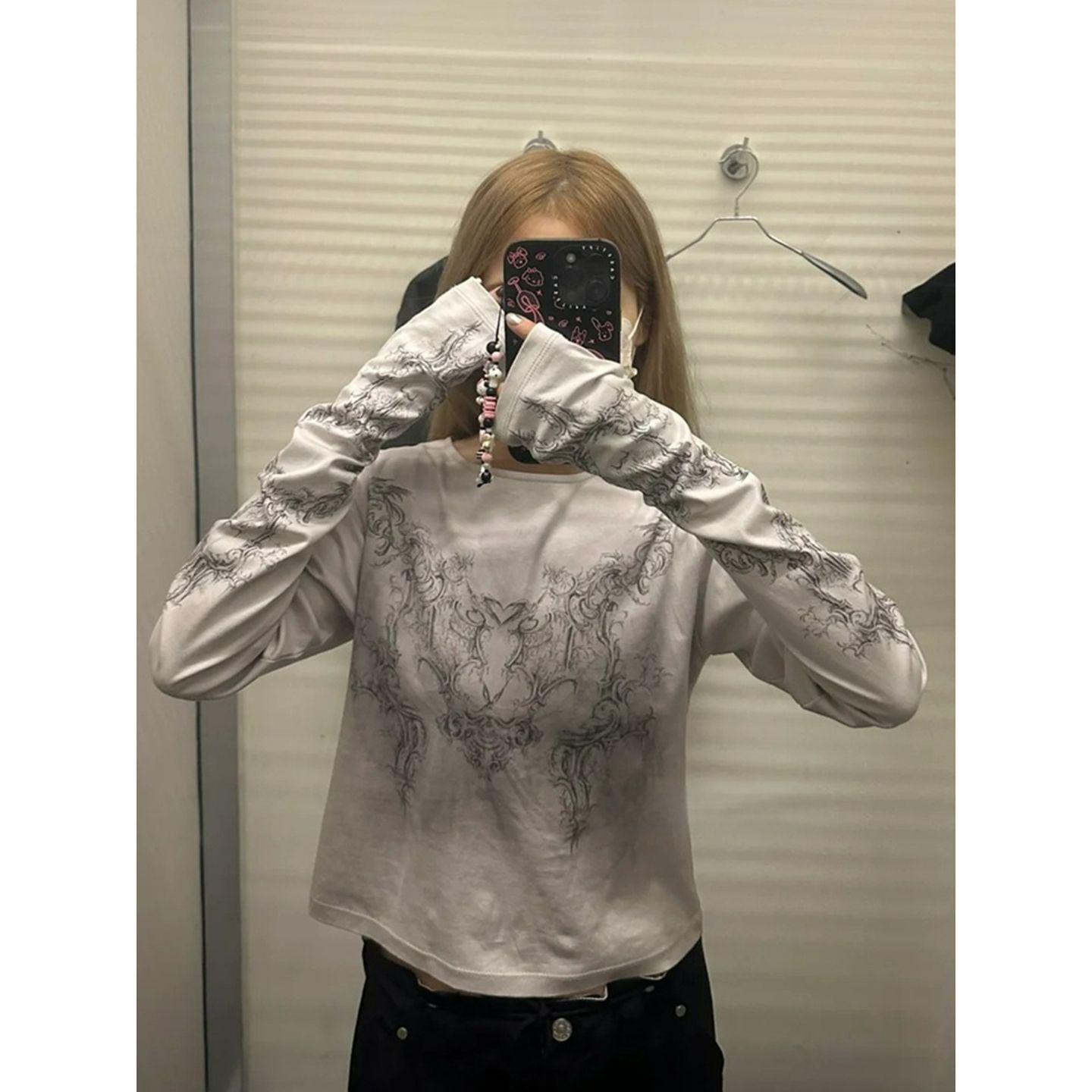 

American Chic Printed Long Sleeve Slim Fit T-Shirt for Women - Autumn New Arrival Spicy Girl Top M белый