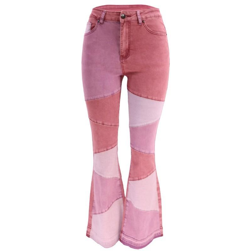 Women's High Waist Patchwork Flare Jeans Color Block Contrast High Stretch Retro Bootcut Denim Pants Elegant Office Commuter Long Trousers