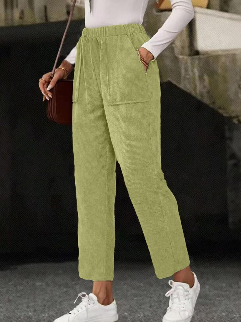 New Fall Women's Clothing Solid Elastic Waist Corduroy Pants Women Straight Leg Casual