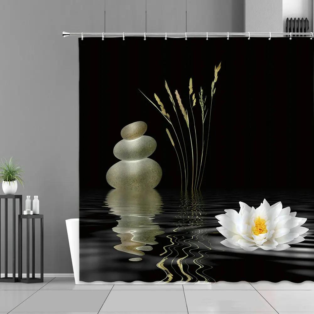 Green Bamboo Zen Stone Shower Curtains Lotus Flowing Water Zen Landscape Shower Curtain Home Bathroom Decoration Set with Hooks