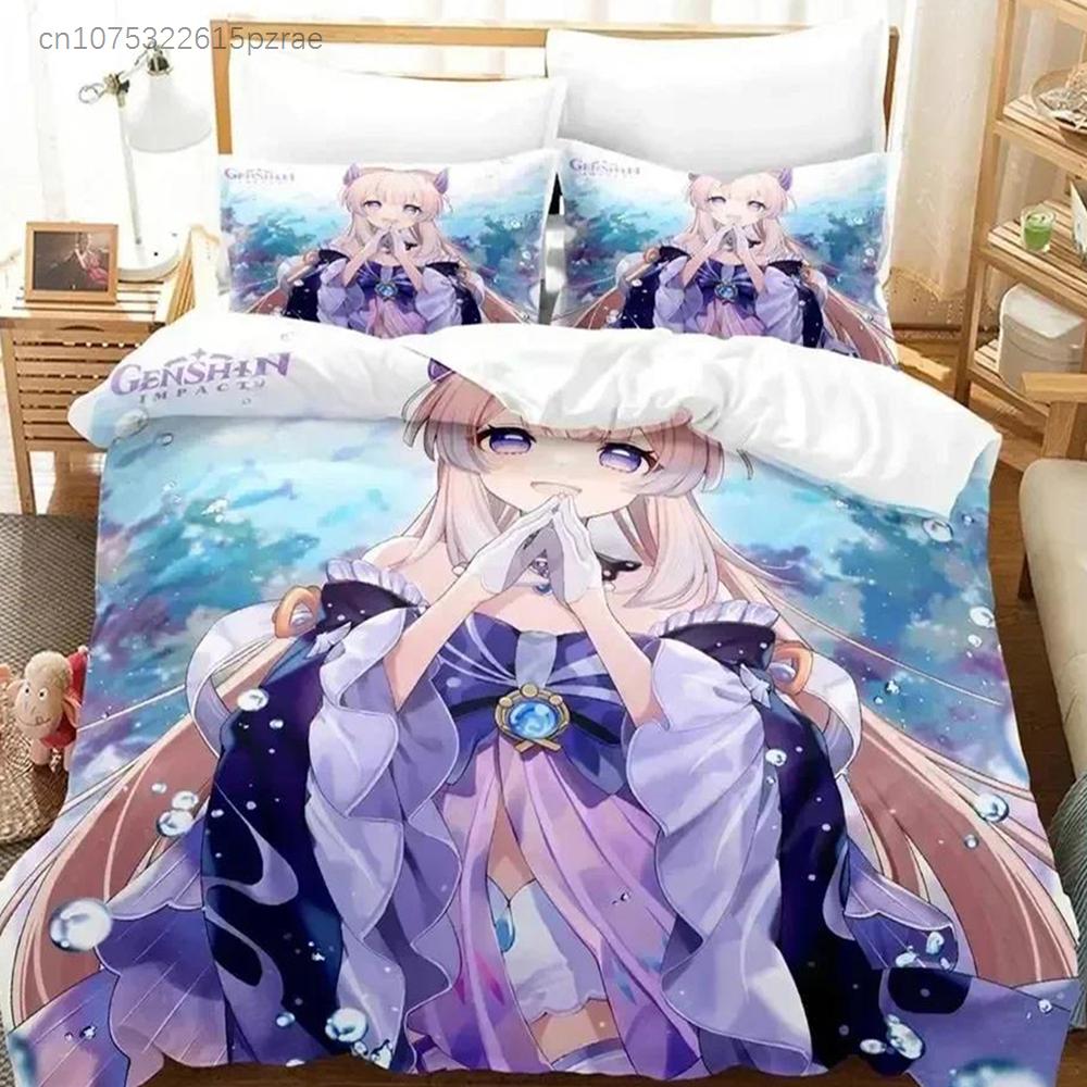 Anime Genshin Impact Sangonomiya Kokomi Bedding Set Printed With Pillowcase Bed Duvet Cover Soft Queen King Size Bedclothes Home