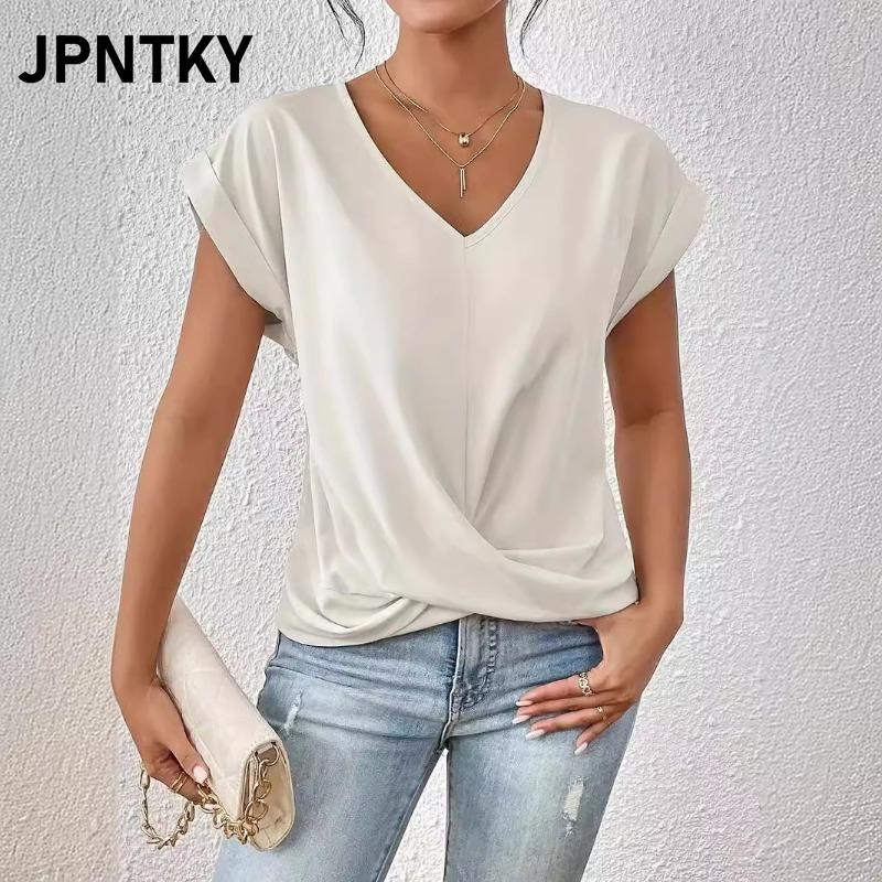 JPNTKY Women's Fashion Casual Solid Color Print Short Sleeve V Neck Blouses & Shirts International design