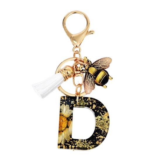 Dried Flower Letter Charm Bee Keychain Pendant Resin Black 1 Pc