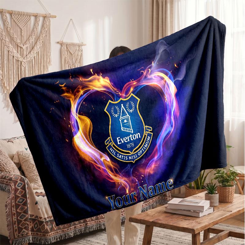 Everton FC Personalized Fleece Blanket With Football Logo, Custom Name Text Soft Warm Home Throw Blanket