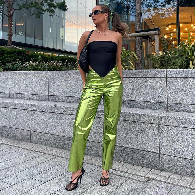 Women's High-Waist PU Leather Pants - 2024 Autumn/Winter Fashion, Candy Colors, Casual Style.